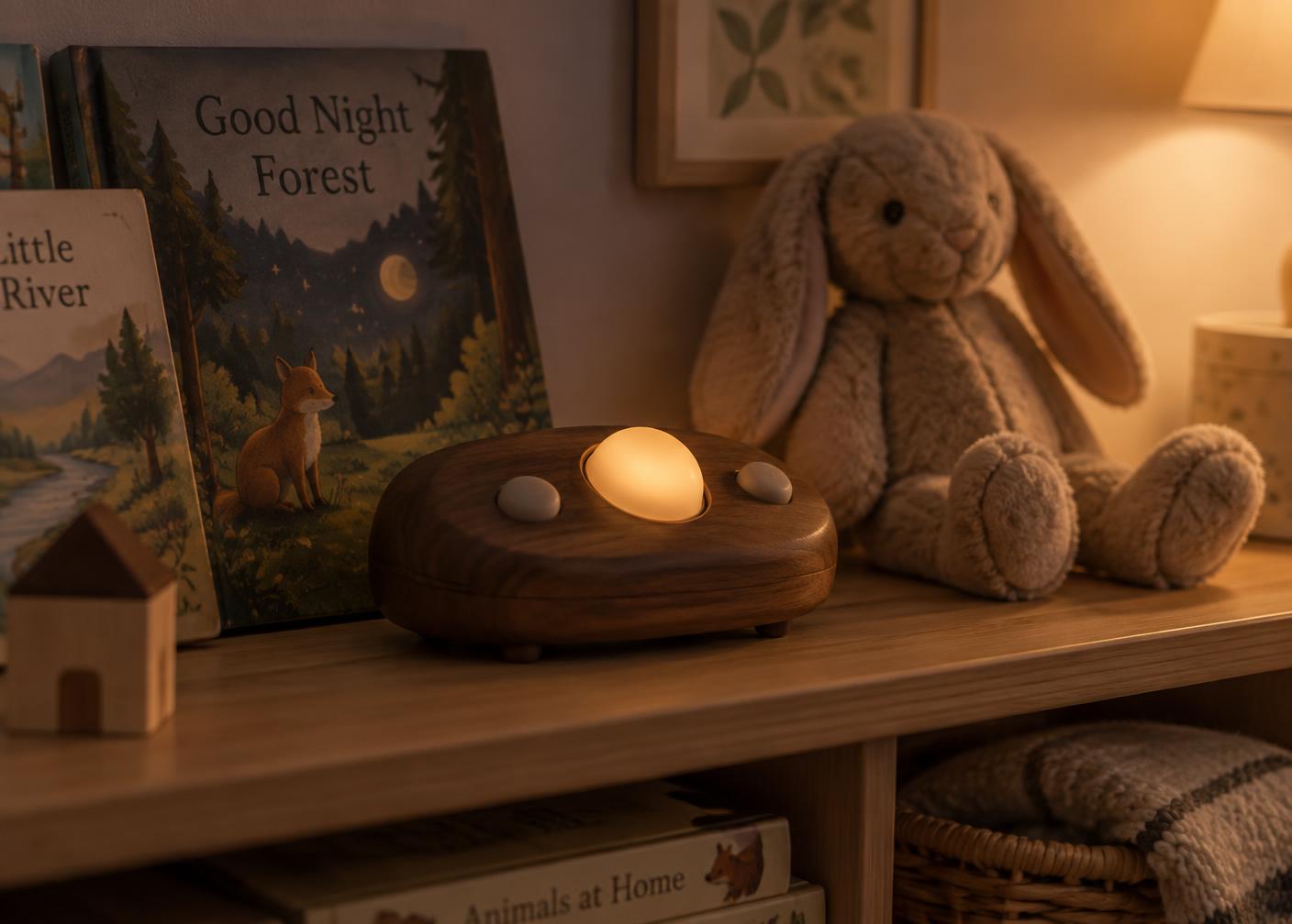 Calliope on a low shelf in a child's room, centre button glowing faint amber